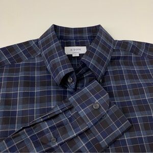 NWT Eton Contemporary Dress Shirt Sz 46 18 XXL Blue Black Plaid Squares Cotton